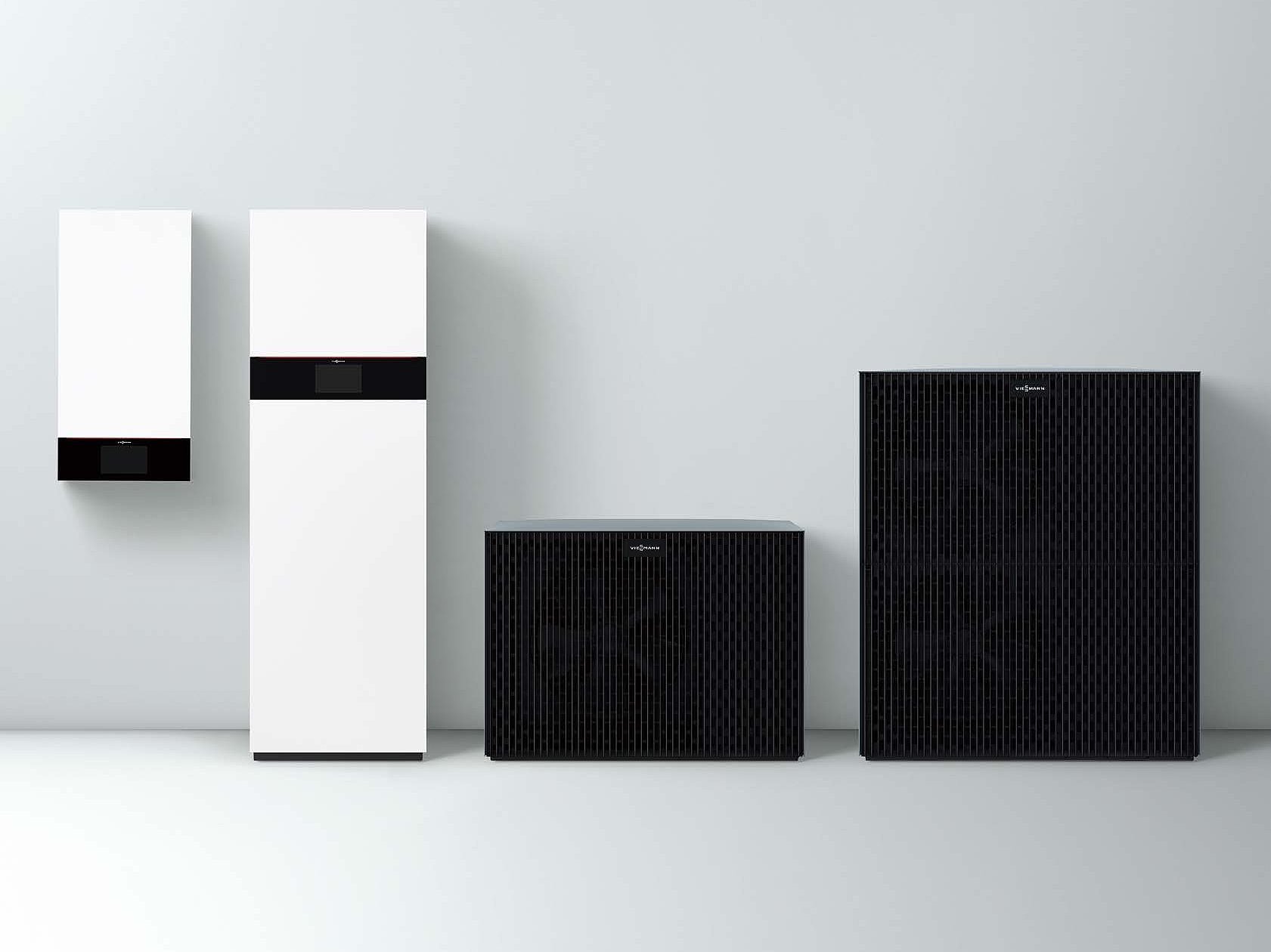 Moderne Wärmepumpen und Klimaanlagen Verschiedene Formen der Wärmepumpen nebeneinander aufgezeigt: stehend und hängende Wärmepumpen.